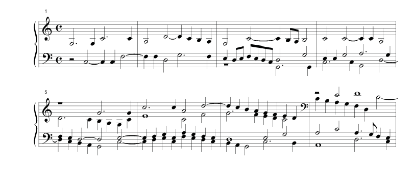Musical example showing a transcription of Antonio Valente’s Verso primo sopra dell’Ut, notated on two staves in common time. The piece features imitative counterpoint with alternating short melodic phrases between the hands.