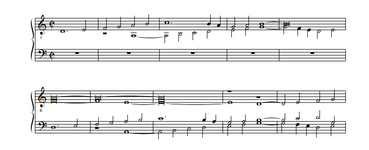 Musical example showing a transcription of Adrian Willaert’s Ricercare Primo from Musica Nova, notated on two staves in common time. The piece features a measured, imitative texture characteristic of early ricercar style, with the subject first appearing in the upper voice and answered in the lower ones. The counterpoint unfolds gradually, using long note values.