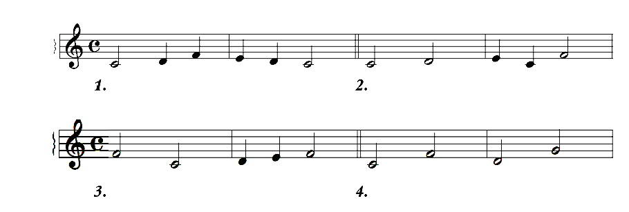 Musical example showing four short melodic subjects, each notated on a single staff in common time and numbered 1 through 4. The examples consist of simple stepwise motifs in crotchets and minims, illustrating the preferred use of the interval of a fourth for generating subjects.