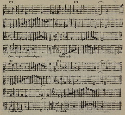 Printed page from Girolamo Diruta’s Il Transilvano (1609) showing examples of cadences composed by Fattorini. The image displays two systems of dense mensural notation with multiple cadential formulas labeled “Contr. trasportato in tutte le parte,” “Prima trasport.,” “Seconda trasport.,” and “Terza trasport.” The music is printed in black ink with diamond-shaped noteheads and vertical alignment typical of early seventeenth-century keyboard scores.