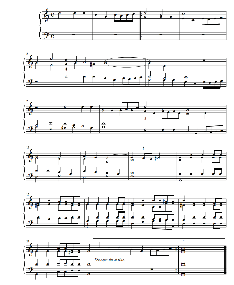 Musical example showing a short four-part imitative keyboard piece in common time, written on two staves.