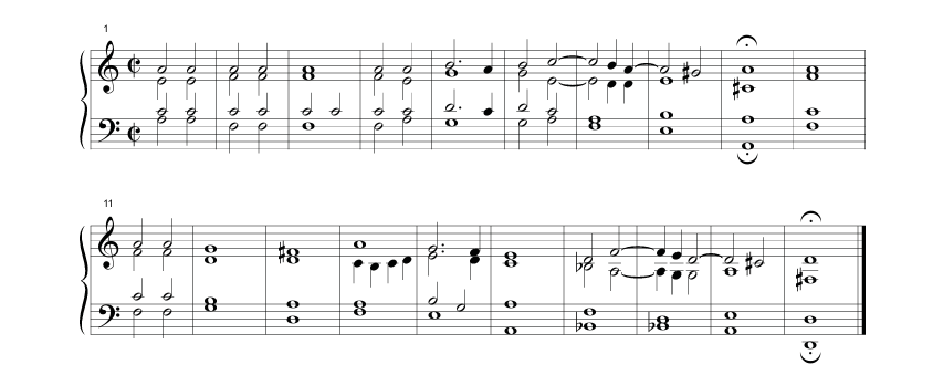Musical example showing a transcription of a Fabordón by Antonio de Cabezón, written on two staves in common time. The piece alternates between homophonic chordal textures and short stepwise melodic movements.