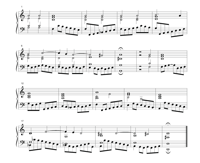Musical example showing a transcription of Antonio de Cabezón’s Fabordón glosado, notated on two staves in common time. The piece alternates between sustained chordal harmonies in the upper voices and flowing ornamental passages in the lower voice, characteristic of a glosado or embellished setting in sixteenth-century keyboard style.