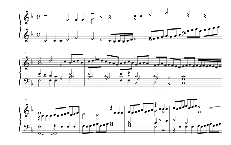 Musical example showing a transcription of Giovanni Gabrieli’s Canzon arioso, notated on two staves in common time. The passage alternates between imitative melodic figures and more homophonic sections, illustrating characteristic cadential formulas.