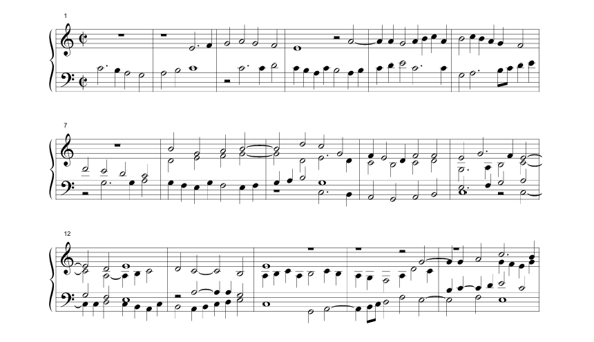 Musical example showing a transcription of Giovanni Gabrieli’s Ricercar del quinto tono, notated on two staves in common time. The piece features imitative contrapuntal writing, with overlapping melodic entries between the voices and clear cadential points.