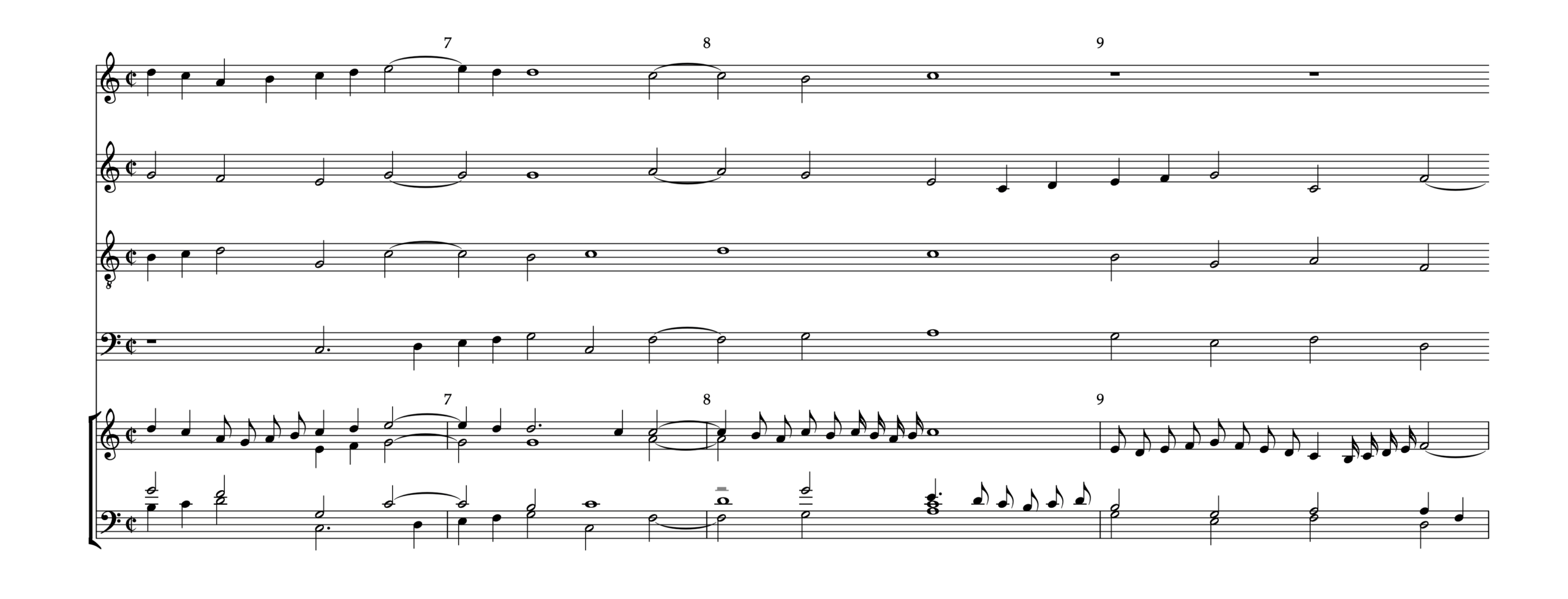 Comparison of Jacques Buus’s Recercar Primo showing the partbook version above and the keyboard intavolatura version below. The upper system displays four vocal lines in open score, and the lower system presents the same passage arranged for keyboard on two staves. Some notes are shown in red to indicate differences between the versions.