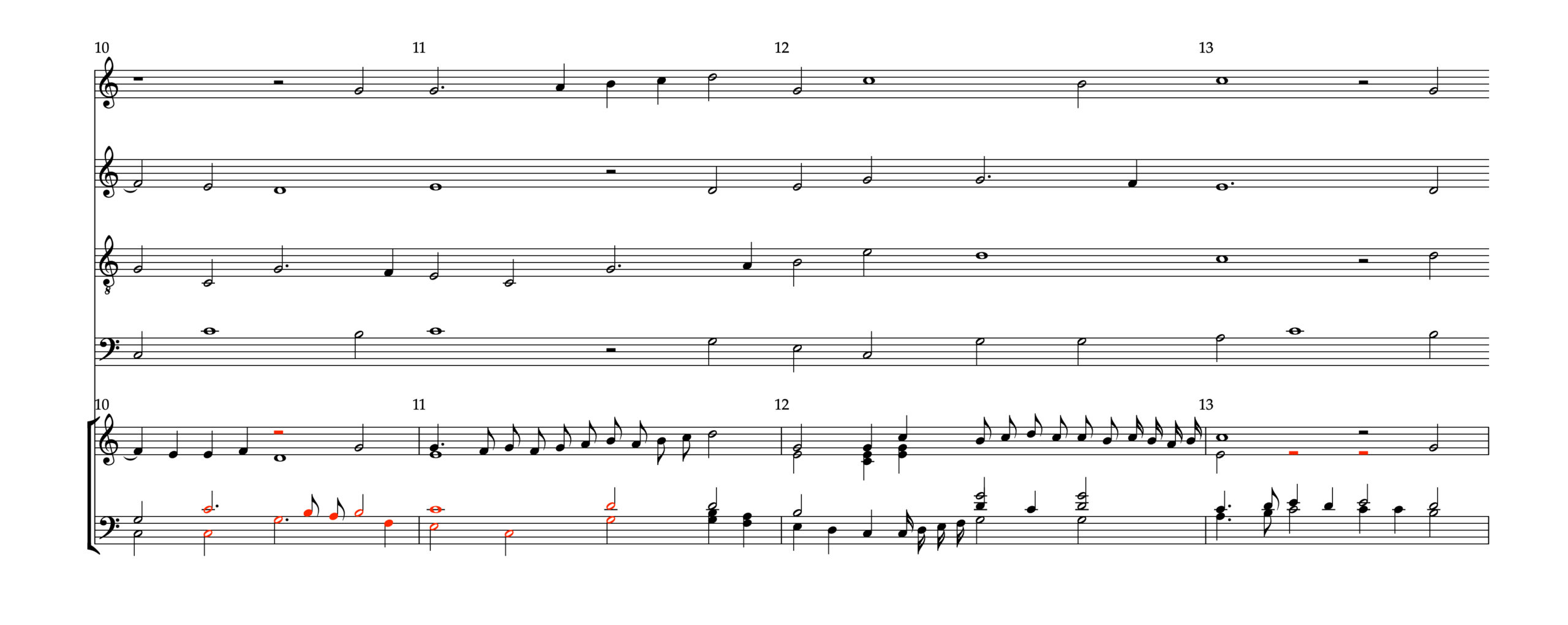Comparison of Jacques Buus’s Recercar Primo showing the partbook version above and the keyboard intavolatura version below. The upper system displays four vocal lines in open score, and the lower system presents the same passage arranged for keyboard on two staves. Some notes are shown in red to indicate differences between the versions.