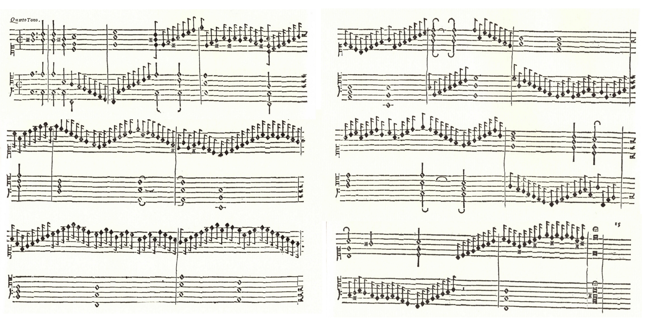 A two-page spread of early printed keyboard music showing staves with dense, flowing notation. The heading “Quarto Tuono” appears at the top left. The music features characteristic arpeggiated and contrapuntal passages of late Renaissance or early Baroque style, arranged neatly across both pages.