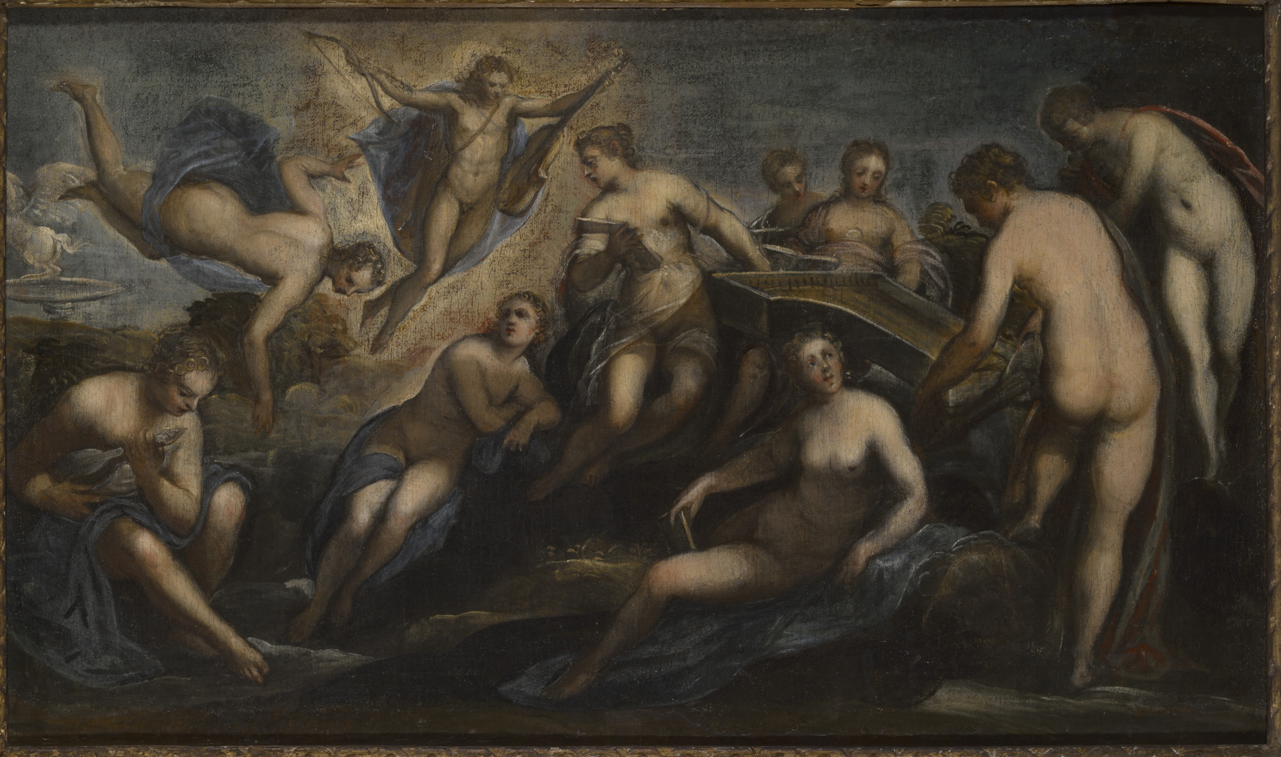 A Renaissance-style painting depicting Apollo and the Muses, featuring several nude and partially draped figures in a mythological scene. The central group includes Apollo playing a stringed instrument surrounded by Muses engaged in various artistic poses, with dynamic movement and rich chiaroscuro lighting typical of the Tintoretto school.