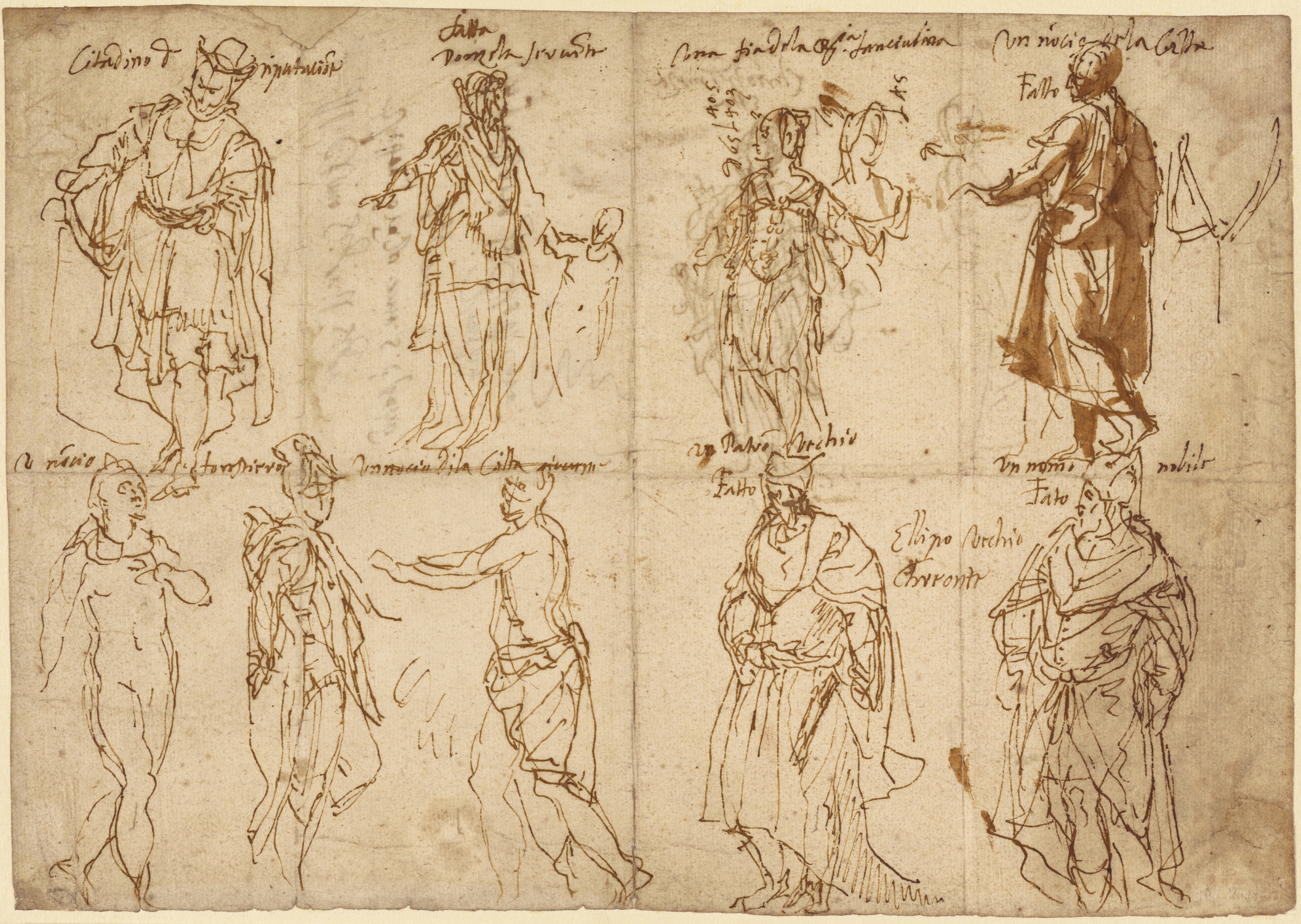 Two sheets of pen and ink figure studies showing multiple sketched human figures in various poses, some clothed and others nude. The drawings, annotated in Italian, appear as preparatory studies for larger compositions, capturing movement and gesture in a loose, expressive Renaissance style.