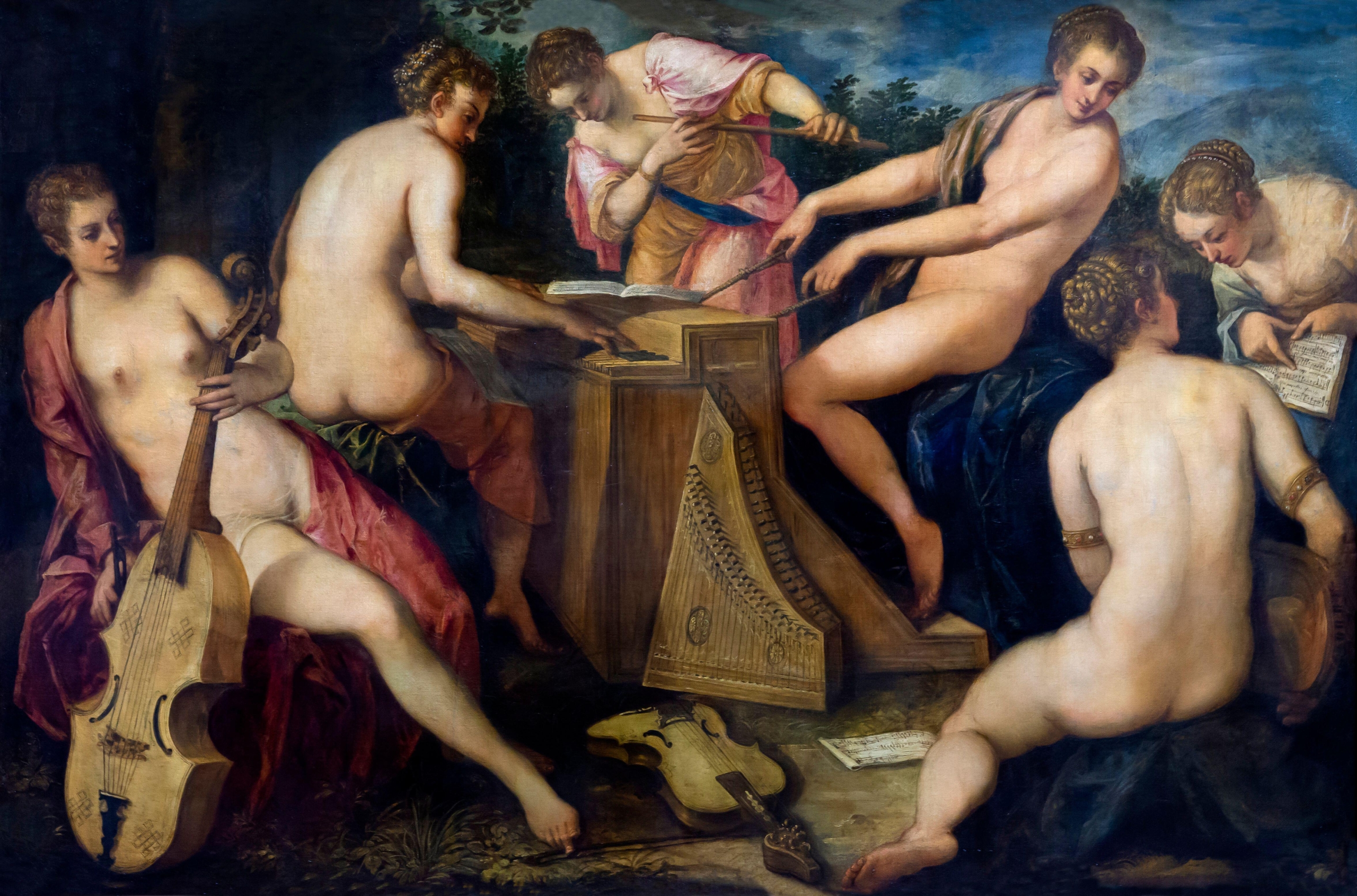 A Renaissance painting depicting a group of nude and semi-draped women gathered around a harpsichord, playing and reading music. Musical instruments, including a viol and sheet music, lie on the floor. The composition, rich in color and detail, celebrates harmony, beauty, and artistic inspiration.