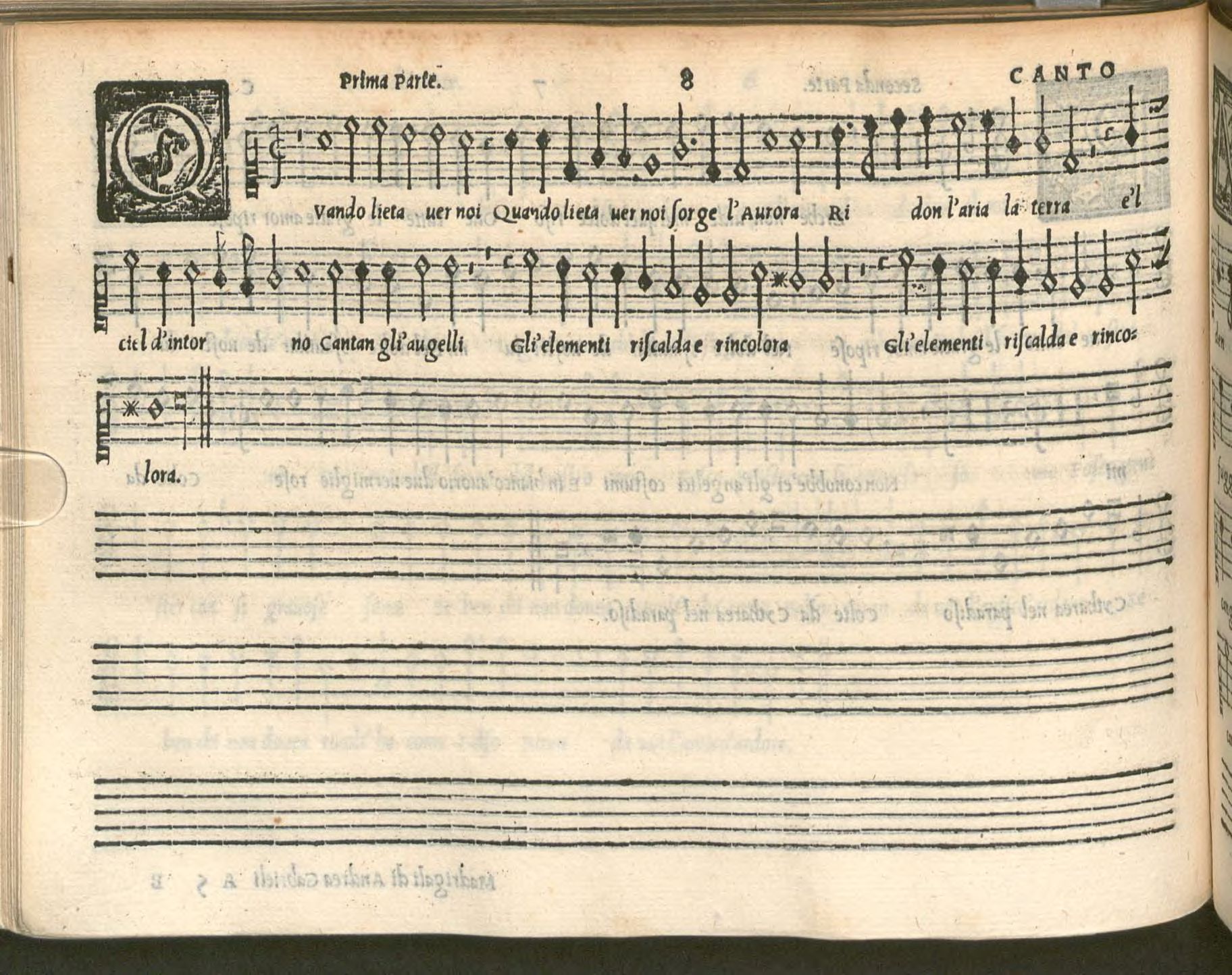 A page from a Renaissance printed music book showing staff notation and lyrics in Italian. The page features decorative initials, neatly aligned musical notes, and early typographic design, typical of 16th-century vocal music publications.