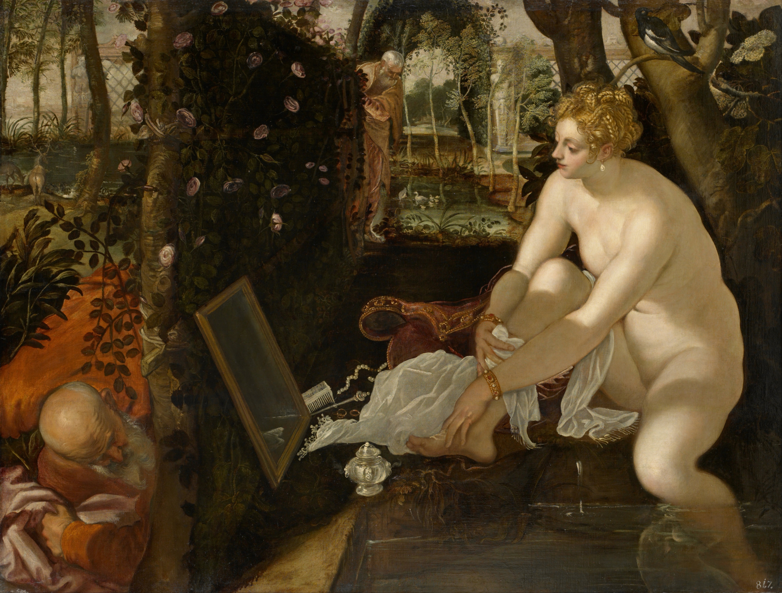 A Renaissance painting depicting a nude woman seated outdoors, drying her foot beside a reflective pool, with a mirror, jewellery, and a maid in the background. An elderly man peeks from behind a rose-covered hedge on the left. The scene portrays the biblical story of *Susanna and the Elders*, rendered with rich colour and fine detail.