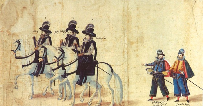 A historical drawing on aged paper, showing five figures and three horses. On the left, three figures on white horses ride in profile, dressed identically in black broad-brimmed hats with tall plumes, ruffs (neck coverings), dark doublets, and boots. On the right, two figures stand on foot, facing forward/ to the left. They wear colorful dress, including small plumed hats, short capes and ruffs.