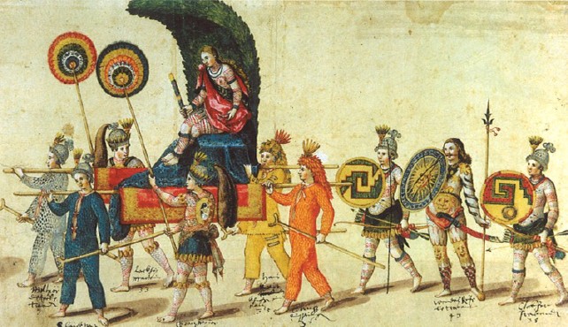 A detailed, vibrant, historical illustration on aged paper. It depicts a procession of figures, including one person being carried on a litter, wearing a red garment and holding a colorful stick in their right hand. The litter is carried by figures dressed with feathered headbands, colorful garments (blue, yellow, orange), and loincloths, many carrying spears and colorful, circular shields. Handwritten captions or numbers are scattered beneath the figures.