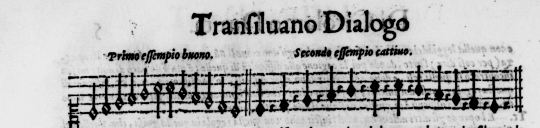 Below the title appear two short musical examples labelled Primo essempio buono and Secondo essempio cattivo (“first good example” and “second bad example”). The notation, printed in black ink, contrasts correct and incorrect approaches to playing, as part of Diruta’s pedagogical dialogue on keyboard technique and composition.