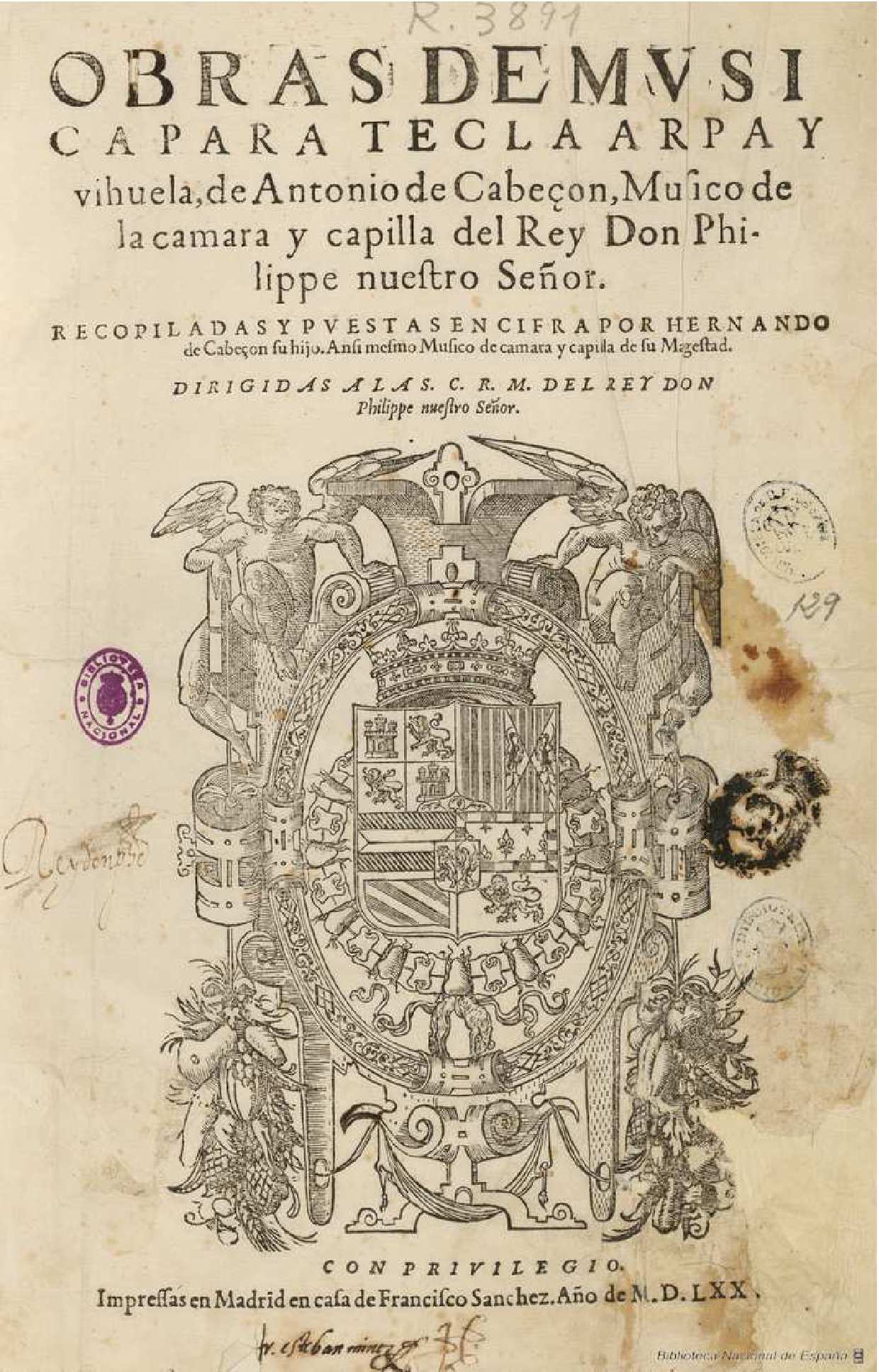 Title page of Obras de música para tecla, arpa y vihuela by Antonio de Cabezón, published in Madrid in 1570. The page features decorative typography and an elaborate engraved coat of arms in the centre, framed by two allegorical figures.