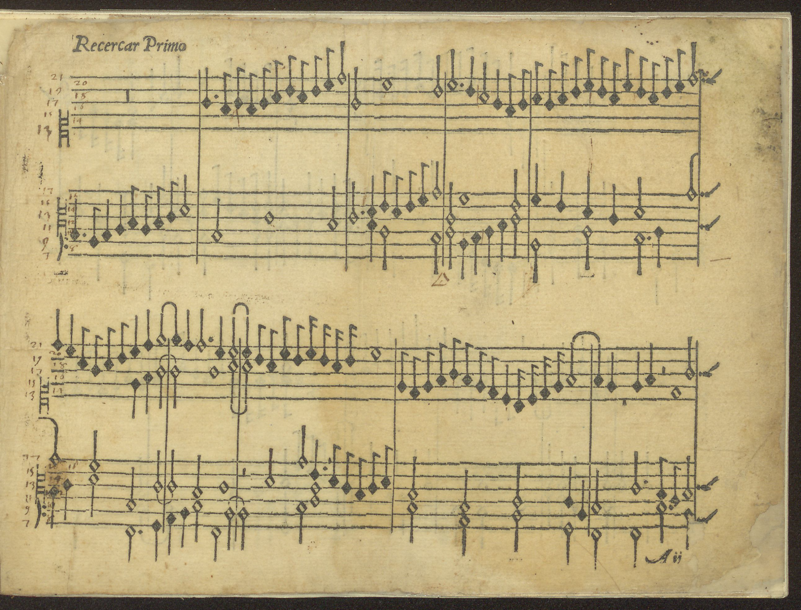 Printed page from Jacques Buus’s Recercar Primo (1549). The image shows two systems of early sixteenth-century keyboard notation in black ink, featuring dense imitative counterpoint and characteristic ricercar textures. Numbers printed along the left margin indicate the numbering of individual keys from bottom (1) to top. The page shows slight discoloration and uneven note alignment typical of early movable-type printing.