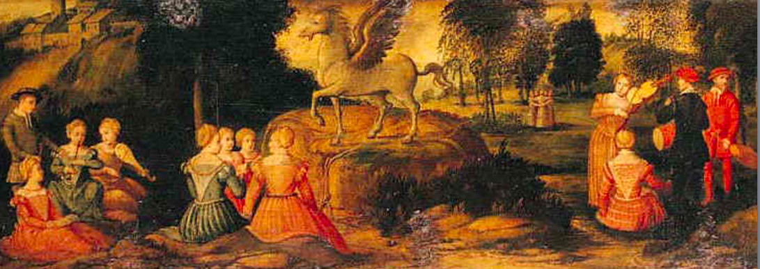 A group of men and women in Renaissance clothing are gathered outdoors, observing a winged horse standing on a hill, with trees and buildings in the background.