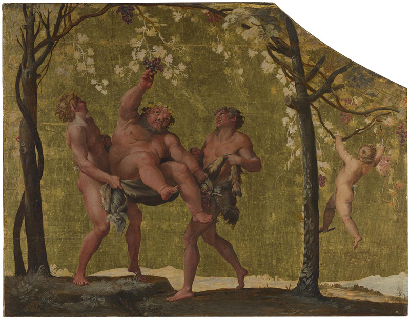 A mythological scene depicting three male figures and a child in a vineyard. Two muscular men carry a plump, older man crowned with grape leaves as he reaches for a bunch of grapes hanging from a vine. In the background, a small child climbs another vine. The setting is outdoors with green foliage and grapevines filling the composition.