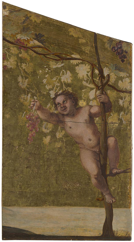 A mythological scene painting depicting a chubby, nude child or putto climbing a vine-covered tree trunk. The figure holds a bunch of red grapes in one hand and grips the vine with the other. The background shows a muted green pattern of grape leaves and clusters, creating a lush, decorative atmosphere.