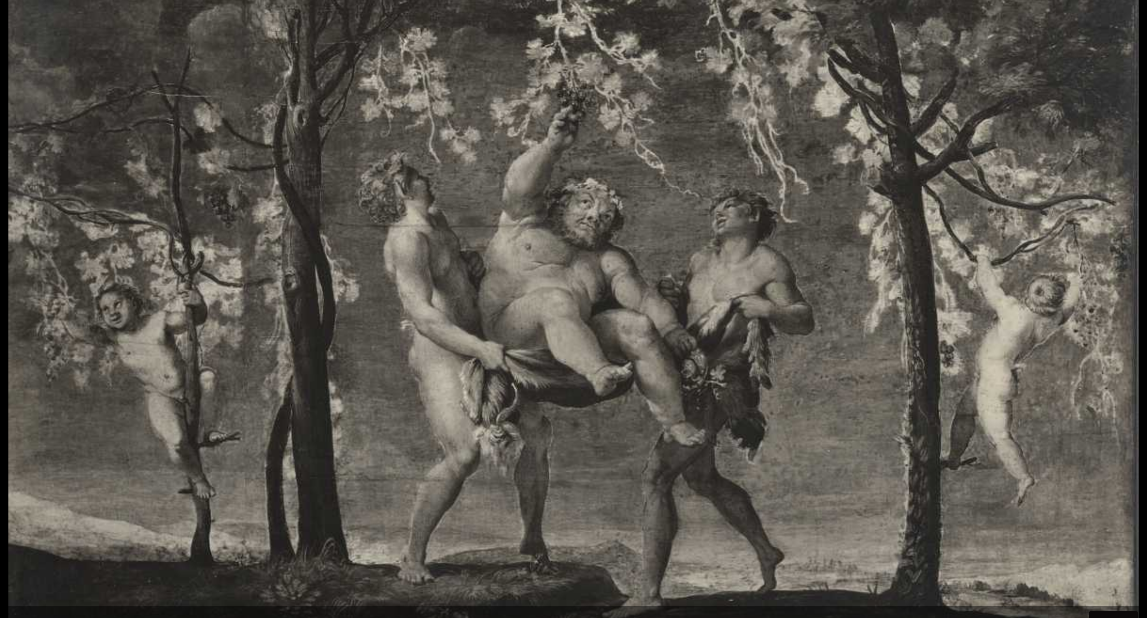 A mythological scene showing several nude male figures and putti in a woodland setting. At the center, two muscular young men carry a plump, older, bearded man adorned with a garland of leaves; he reaches up toward hanging grapevines. On either side, two smaller child-like figures climb trees and reach for grapes. The background features softly painted trees and a distant landscape, rendered in monochrome tones.