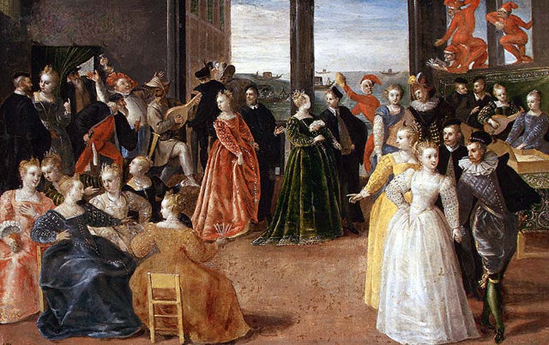 A Renaissance-era ballroom scene depicting elegantly dressed men and women engaging in conversation, dancing, and music. The figures wear richly colored gowns and elaborate costumes, with lutes and other instruments being played. The setting features tall windows overlooking a cityscape and ornate interior decorations, evoking an atmosphere of aristocratic festivity and refinement.