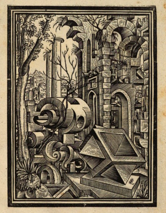 A woodcut print depicting an architectural ruin scene filled with geometric shapes and classical elements. The composition includes crumbling arches, columns, and pyramidal forms arranged in a dense, surreal landscape. Bare trees rise among the fragmented masonry, and distant mountains and buildings appear in the background. The intricate linework and crosshatching create strong contrasts and depth, showcasing meticulous craftsmanship.
