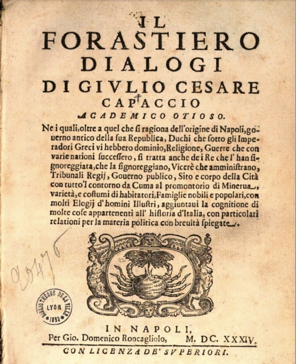 Title page of Il Forastiero Dialogi by Giulio Cesare Capaccio, printed in Naples in 1634, featuring decorative text, a crest illustration, and publication details at the bottom.
