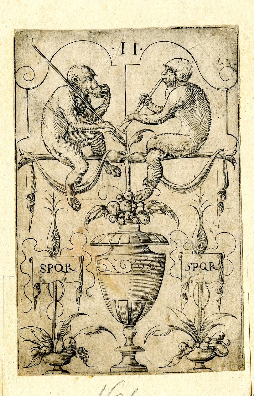 Renaissance-style engraving depicting two monkeys sitting on ornate drapery, one playing a wind instrument facing the other. Below them, a large decorative urn filled with fruit and foliage is flanked by two banners inscribed with “SPQR,” referencing ancient Rome. The composition is framed by symmetrical scrollwork and stylized plant motifs, combining humor and classical symbolism. The engraving is marked with the Roman numeral “II” at the top.