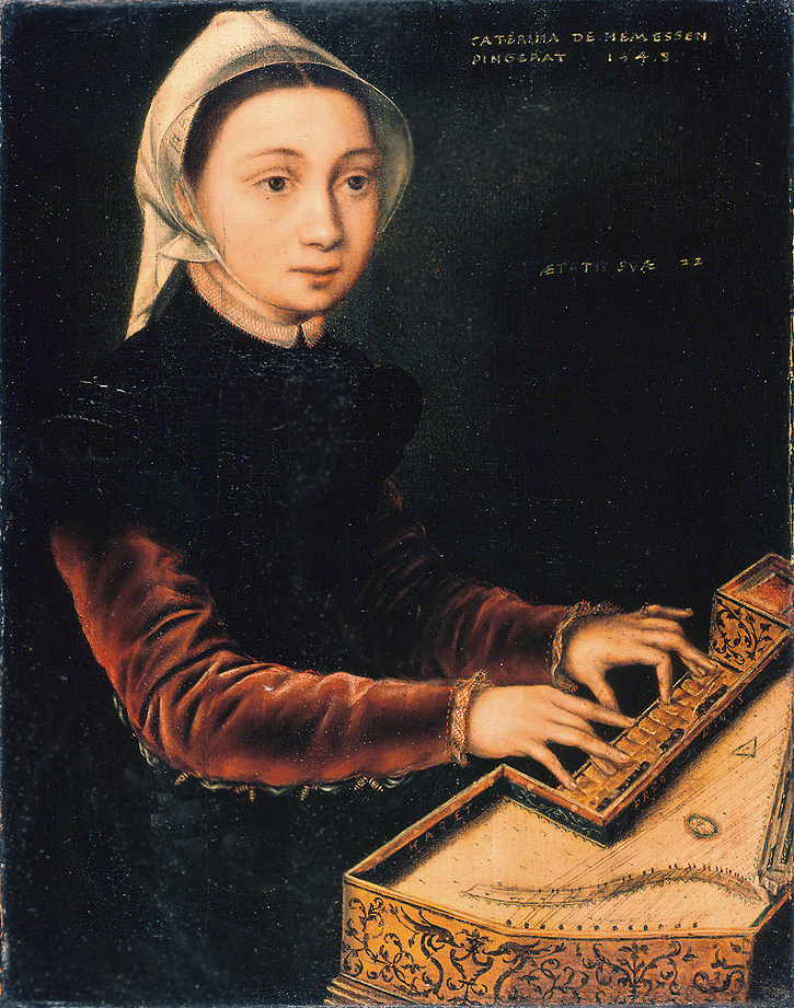 Renaissance portrait painting of a young woman playing a virginal. She wears a dark velvet dress with a high collar and a white headdress, seated against a dark background. Her delicate hands rest on the ornate instrument decorated with floral motifs. The inscription in the top right corner reads “Caterina de Hemessen pingebat 1548” and “Aetatis suae 22,” indicating the artist’s name, the date, and her age. This classical oil painting exemplifies 16th-century Flemish portraiture, with fine detail, realism, and rich color tones.