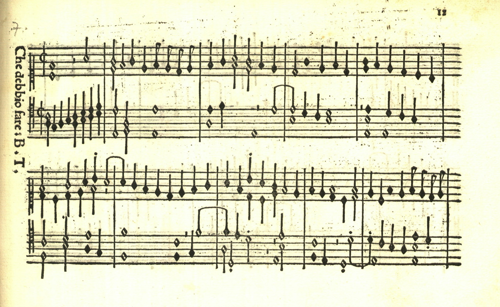 Printed example from a sixteenth-century collection by Andrea Antico. The page shows two systems of keyboard notation titled “Che debbio far.” The music is printed in black ink with dense vertical textures and reasonable contrapuntal alignment across voices. The layout reflects Antico’s early typographic printing technique for polyphonic keyboard music.