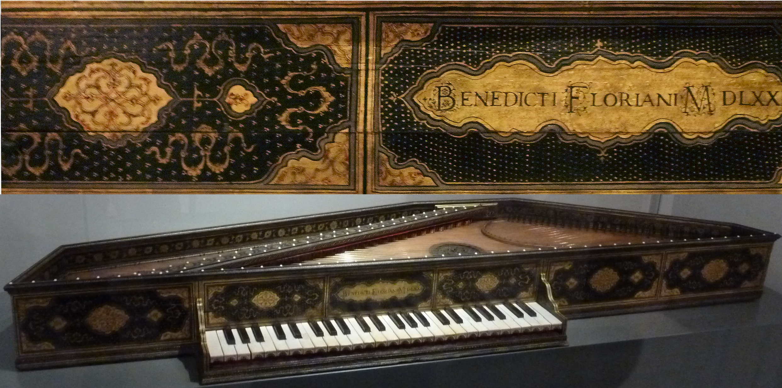 A historical polygonal virginal from 1571 crafted by Benedicti Floriani. The instrument features a richly decorated wooden case with intricate gold and black patterns and a Latin inscription reading “Benedicti Floriani MDLXX.” The virginal has a single keyboard and strings arranged diagonally within the rectangular body.