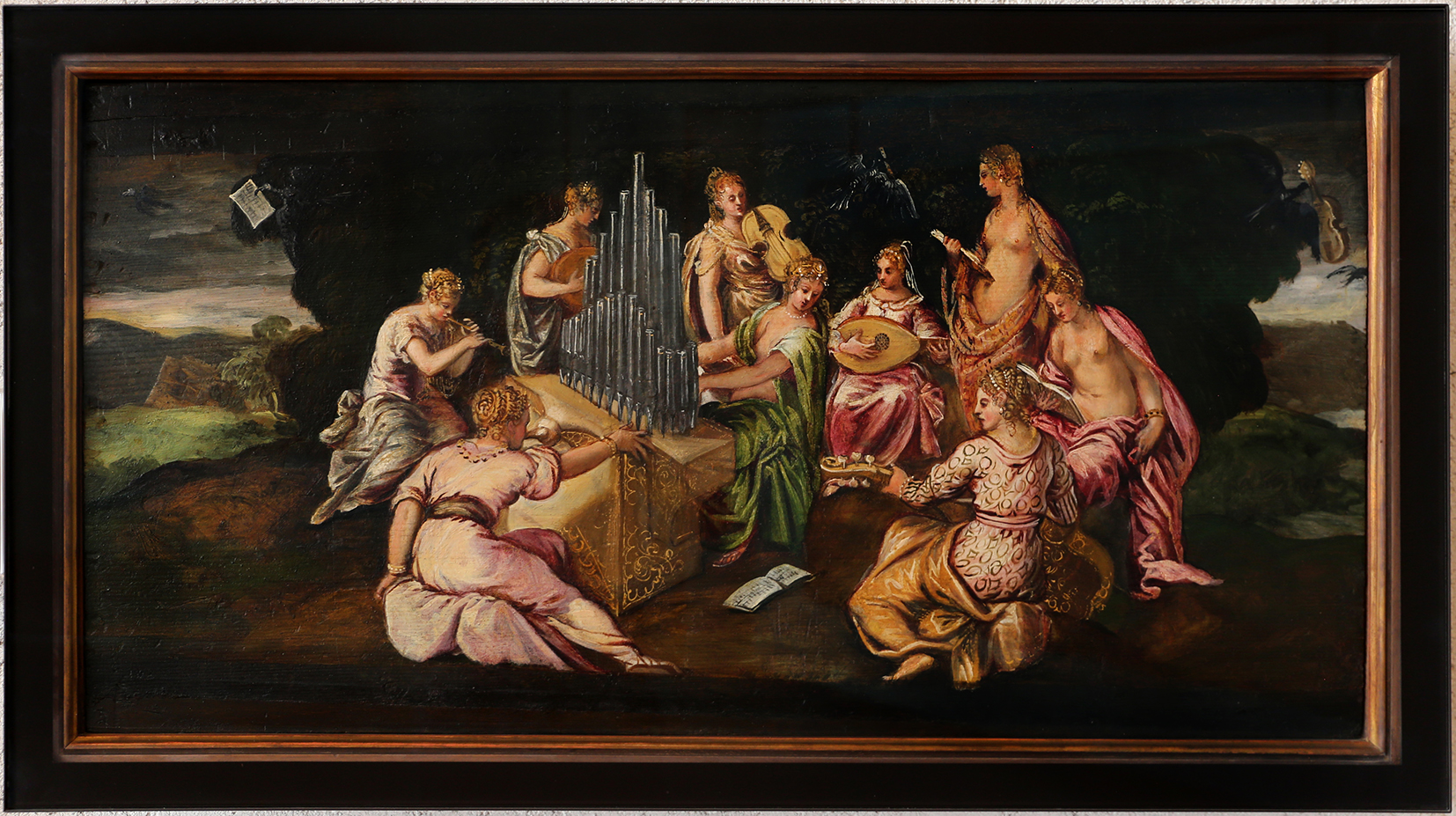 A Renaissance-style painting depicting a group of women representing the muses gathered around an organ, playing various musical instruments. The women, dressed in flowing, richly colored garments, include players of lutes and stringed instruments, while one operates the organ at the center. The scene takes place in an outdoor setting with a dark, atmospheric background of trees and clouds. A sheet of music lies on the ground near the musicians.