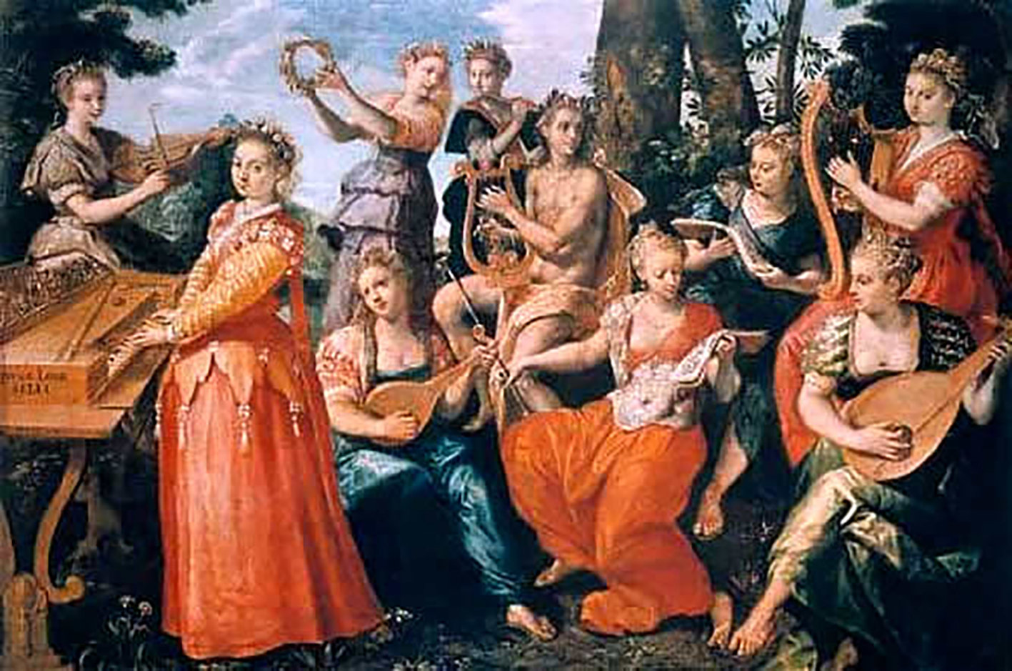 A Renaissance-style painting depicting nine women – the muses – playing musical instruments, including a lute, harp, and virginal. They group around a a young man, i. e. Apollo, playing the lyre. The figures are dressed in richly colored gowns and adorned with floral crowns, set in an outdoor scene with trees and sky in the background.