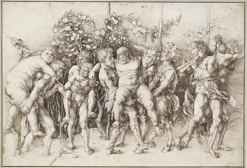 A detailed Renaissance engraving depicting a mythological Bacchic scene. A group of muscular male figures, some part-human and part-goat (satyrs), are shown in animated poses beneath a grapevine arbor. At the center, a large, older man with a wreath of leaves, Silenus, is being supported by others as he sits or reclines. Around him, figures play instruments, dance, and carry companions.