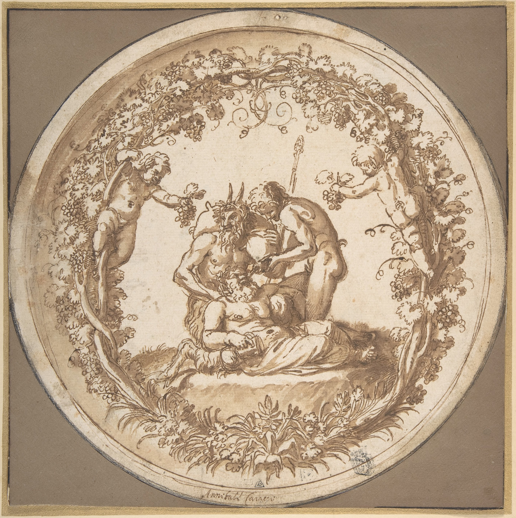A circular sepia-toned drawing depicting a mythological Bacchic scene. At the center, a reclining male figure, Silenus, is being supported and tended to by two satyrs—one holding him up and the other offering a drink from a vessel. The group is framed by an ornate border of grapevines and leaves, with putti or small figures climbing and interacting among the vines.