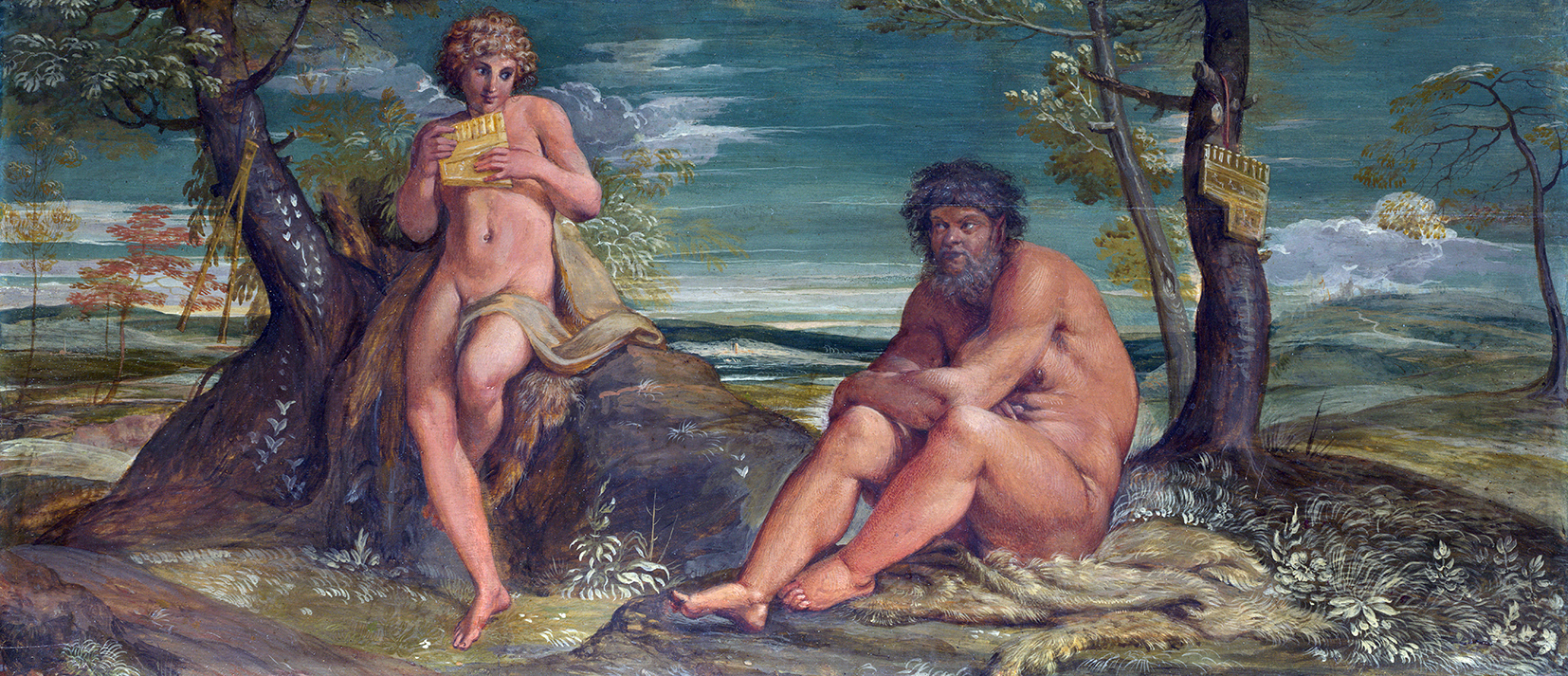 A Renaissance painting depicting two mythological figures, Olympus playing panpipes and Marsyas seated beside him. They are positioned outdoors in a pastoral landscape with trees, rolling hills, and a cloudy sky. The younger figure, Olympus, leans against a tree while playing, and the older one, Marsyas, draped in animal fur, sits thoughtfully on the ground. A second set of panpipes hangs from a nearby tree.