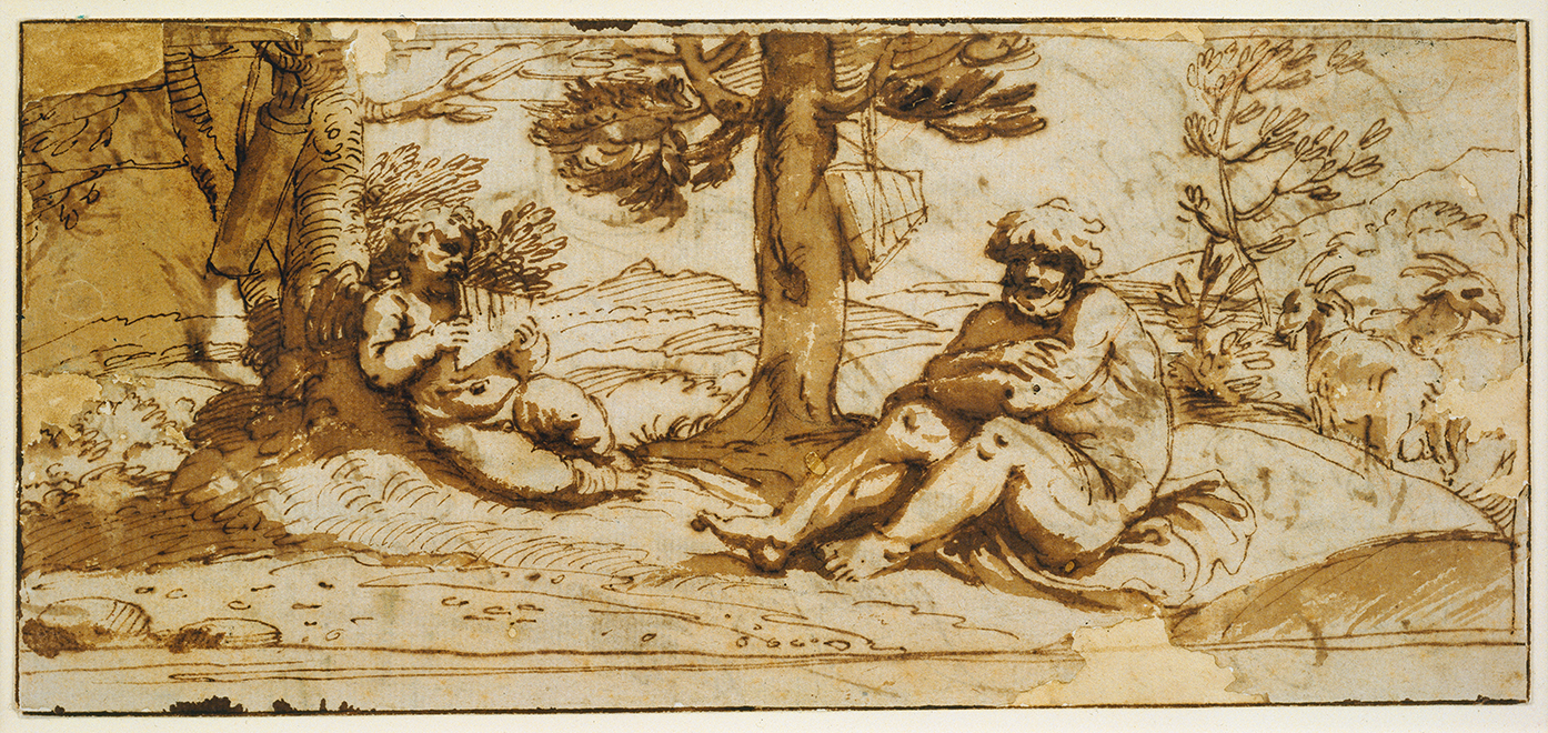 A sepia ink drawing depicting two mythological figures, Cupid and Silenus, seated beneath trees in a pastoral landscape. The figure on the left (Cupid) plays a set of panpipes while leaning against a tree, and the figure on the right (Silenus) sits with arms crossed, gazing toward the musician. Goats graze in the background among gently rolling hills