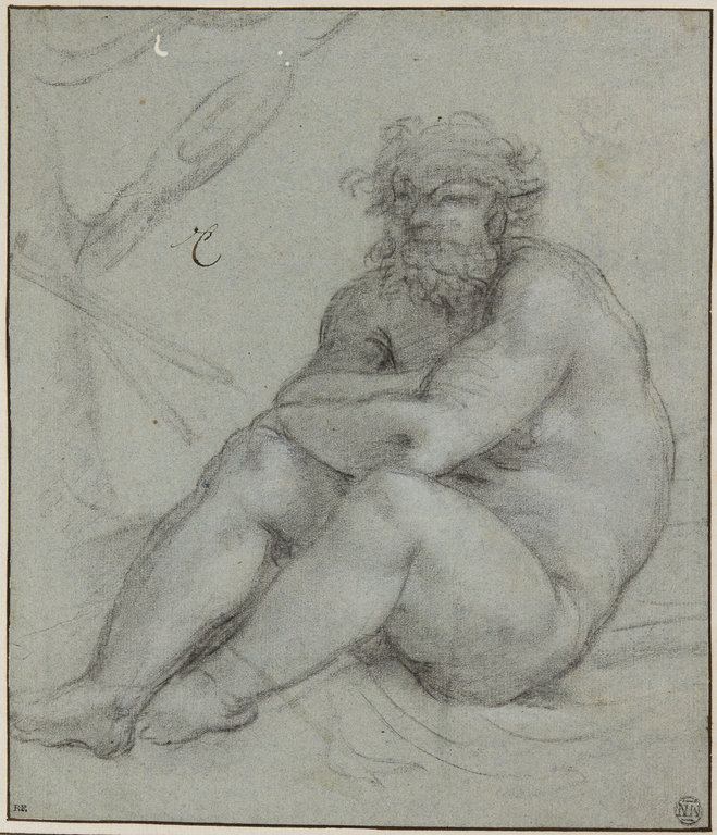 A chalk drawing on blue-gray paper depicting a seated bearded man, Silenus, with arms crossed over his knees. The figure is nude, rendered with soft shading and delicate contours that emphasize the muscular form. His expression appears contemplative, and the use of light and shadow creates a sense of quiet introspection.