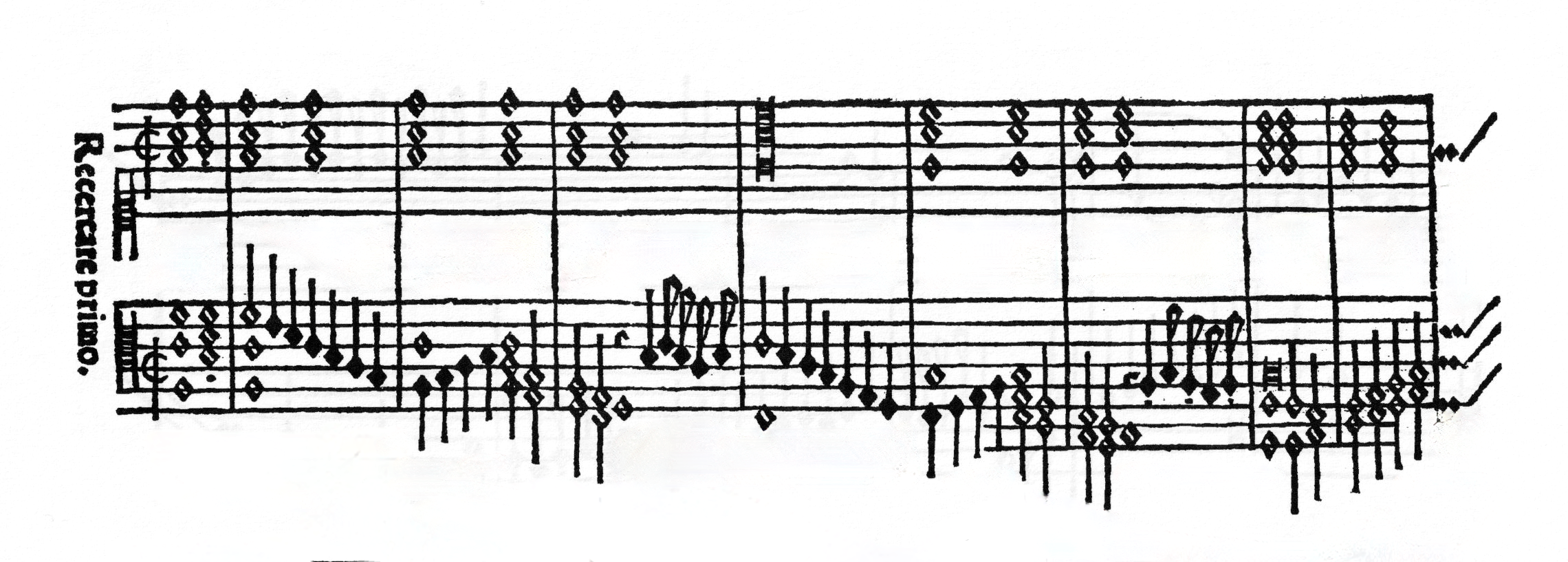 Printed excerpt from Marcoantonio da Bologna’s Recercare primo. The image shows two systems of early sixteenth-century keyboard notation in dense black engraving. The music features intricate contrapuntal textures with sustained chords and flowing imitative passages, characteristic of Bologna’s style and of Italian keyboard repertoire of the period.