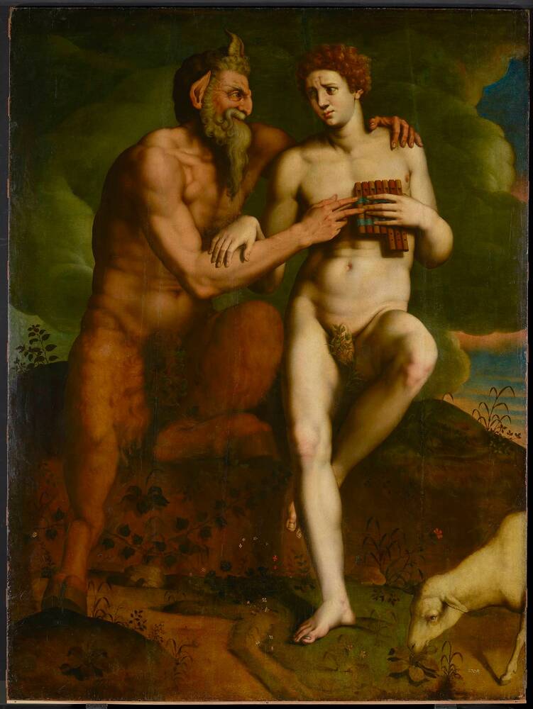 A Renaissance painting depicting the god Pan teaching the young shepherd Daphnis to play the panpipes. Pan, characterized by his goat legs, horns, and beard, leans toward Daphnis with a guiding gesture, his hand directing the youth’s fingers on the instrument. Daphnis, nude and youthful, looks toward Pan with a shy, uncertain expression. The scene unfolds in a lush, pastoral landscape with trees, a cloudy sky, and a grazing goat in the foreground.