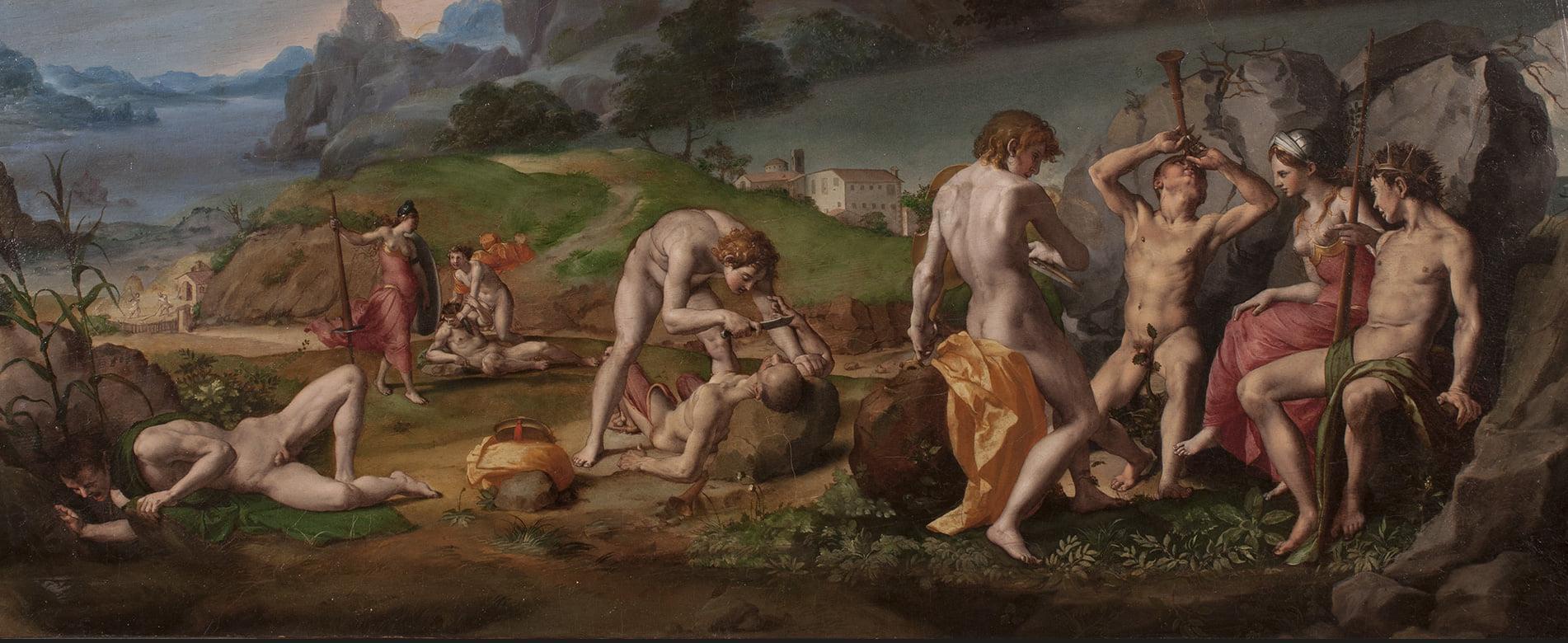 A Renaissance painting depicting a mythological scene set in a mountainous landscape. In the foreground, several semi-nude figures engage in dramatic and violent action — one man attacks Marsyas with a knife while others react in anguish or play instruments. To the right, seated and standing figures in draped garments observe, including a woman in armor and a crowned man holding a staff. In the background, smaller figures and classical buildings appear amid rolling hills and distant peaks.