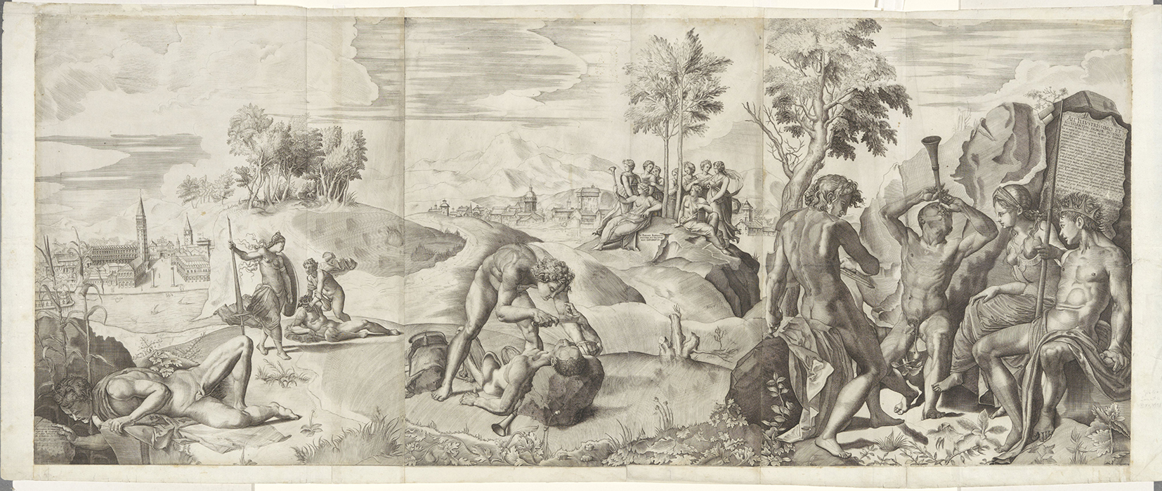 A large Renaissance engraving depicting a detailed mythological scene set in a vast landscape. On the right, several semi-nude figures gather—one crowned and holding a staff, another blowing a horn, and a seated woman in classical dress beside a large inscribed tablet. In the center, a muscular figure attacks another (Marsyas) with a knife on rolling hills. To the left, women and children are shown near trees and a distant cityscape featuring domed buildings and towers.