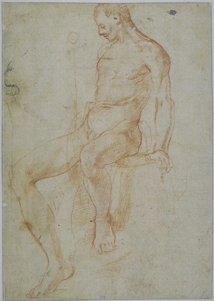 A red chalk drawing depicting a seated male nude figure. The man, Midas, is shown in a relaxed pose with his torso slightly turned, head tilted downward, and one arm resting on his thigh. The artist carefully models the anatomy with soft shading and confident lines, emphasizing the musculature and natural posture. The unfinished quality and delicate rendering suggest this is a preparatory study for a larger composition