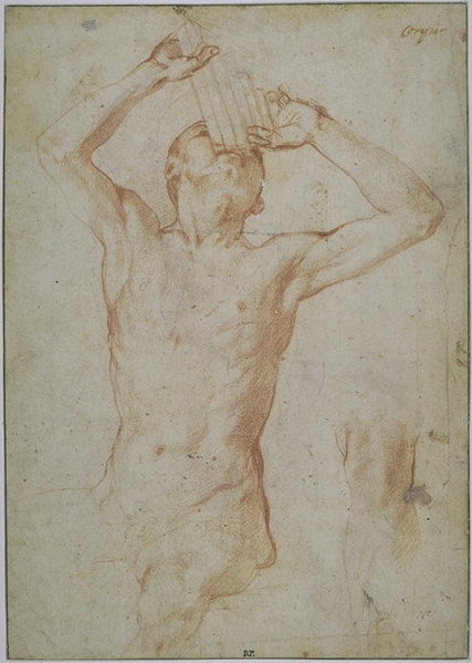 A red chalk drawing depicting a male nude figure playing the panpipes. The man (Marsyas) is shown from the torso up, with his head tilted back and arms raised as he brings the instrument to his lips. His muscles are finely rendered, capturing the tension of his pose and the expressive movement of performance. To the right, a faint sketch of a second figure appears unfinished. The drawing combines anatomical precision with dynamic energy