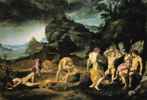 A Renaissance painting depicting a mythological scene in a rugged landscape. Several semi-nude male and female figures are gathered on the right, some playing instruments and others in expressive poses. At the center, a man bends over another figure (Marsyas) in an act of violence. In the background, smaller figures and a distant village appear under a dramatic, cloudy sky. The composition combines human emotion and natural grandeur, emphasizing contrast between light and shadow in a classical setting.
