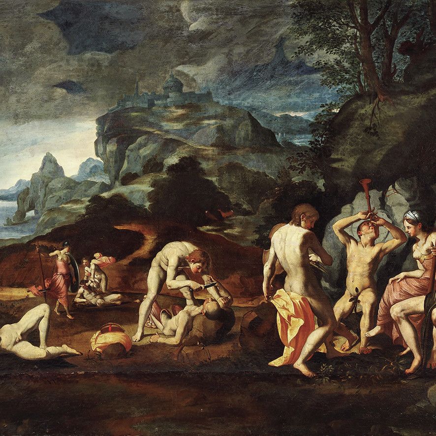 A Renaissance painting depicting a dramatic mythological scene set in a mountainous landscape. In the foreground, several nude and semi-nude figures are engaged in intense activity — one man strangles another (Marsyas) while others look on or play instruments. A woman in a red dress stands to the left holding a staff, and a reclining figure lies nearby. In the background, a fortress or temple crowns a rocky hill under a stormy sky.