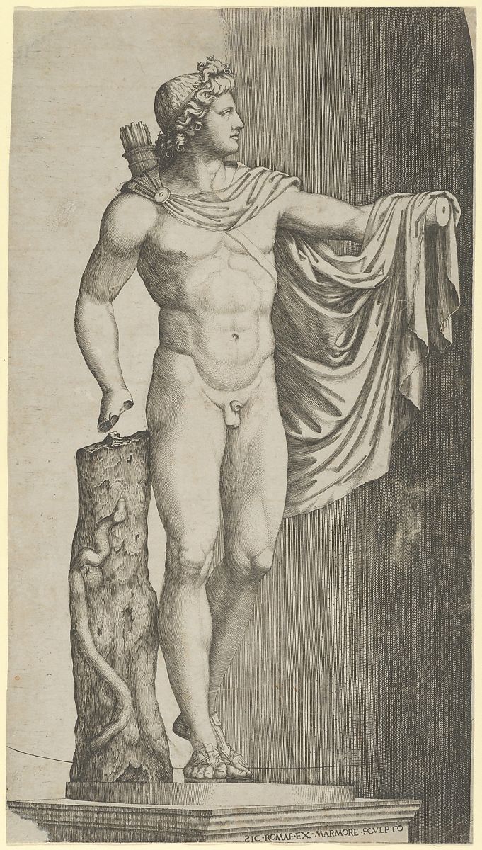 A detailed engraving of a classical male nude statue, depicted standing in a contrapposto pose. The figure, representing Apollo, is shown with a quiver of arrows on his shoulder and a cloak draped over his left arm. His right hand rests on a tree trunk entwined with a serpent. The anatomy is idealized and finely modeled, reflecting Renaissance admiration for ancient Greco-Roman sculpture and its harmony of form and proportion.