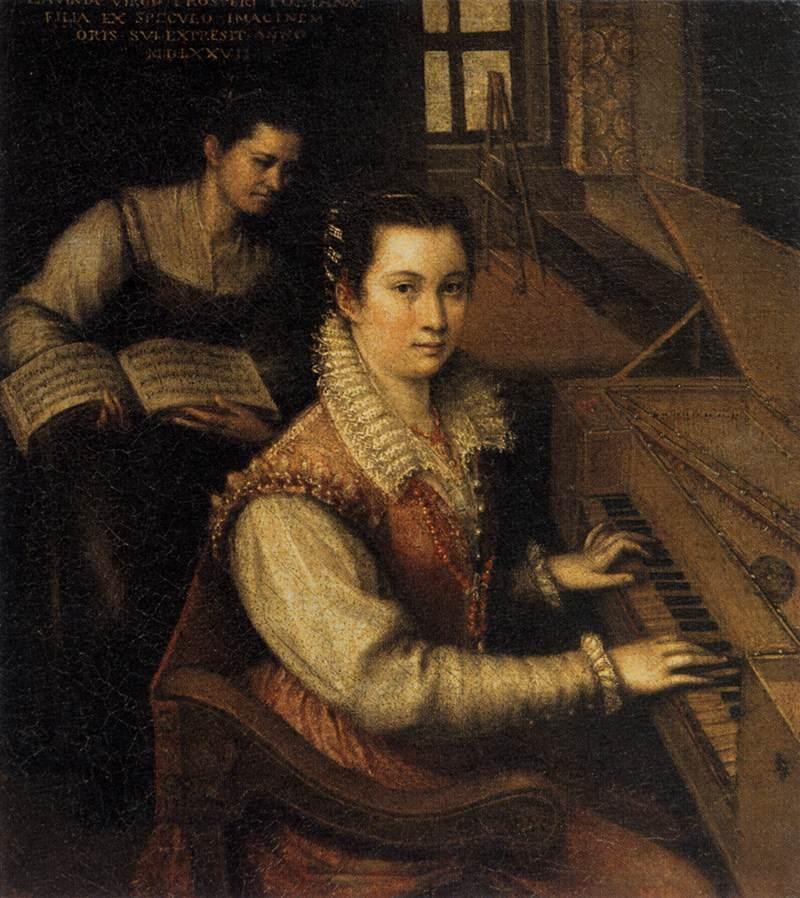 A Renaissance-era painting of a young woman playing a clavichord, while seated in a well-lit room. She wears an ornate dress with a lace collar and a beaded necklace. Another woman stands behind her, holding an open book of sheet music. The background shows a window and part of an easel, creating a refined and cultured domestic setting.